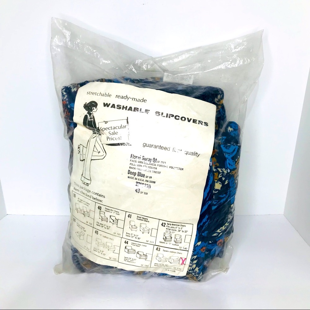 VTG 1970s Sure-Fit Washable Slip Cover Square Cushion Chairs Blue Flora USA Made